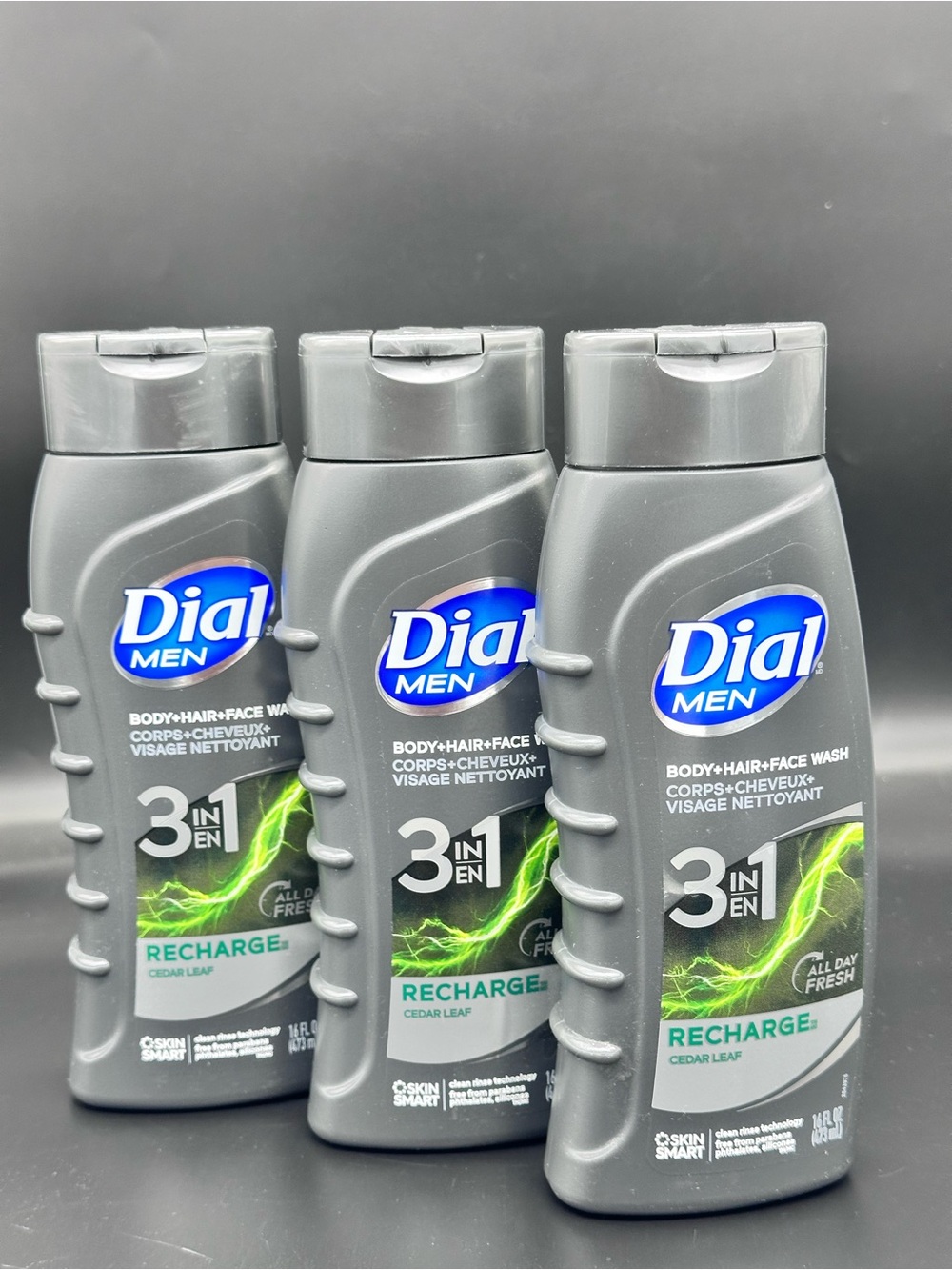 Lot of 3 Dial Men 3-in-1 Body Hair Face Wash Recharge Cedar Leaf 16oz